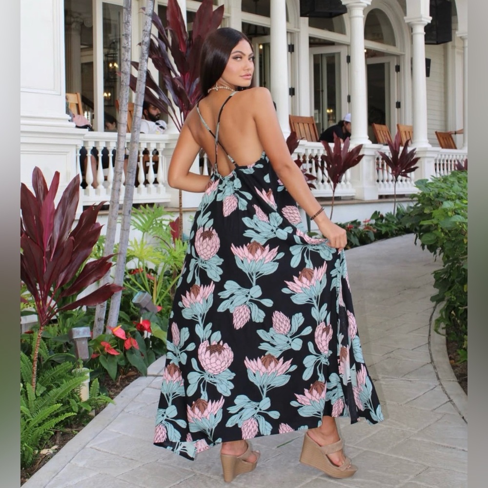 Floral Black Maxi Dress with Pink & Teal Blooms - Picture 2 of 13